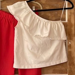 J. CREW One Shoulder Ruffle Cropped Top